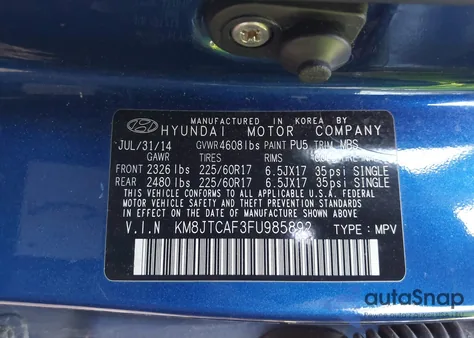2015 Hyundai Tucson Gls from USA, damaged, VIN KM8JTCAF3FU985892